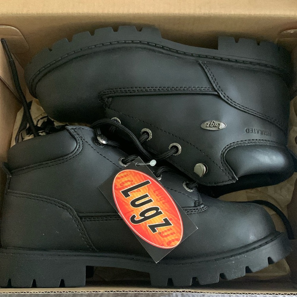 Young boys size 12 Lugz black lace up boots- new with tags, in original box!